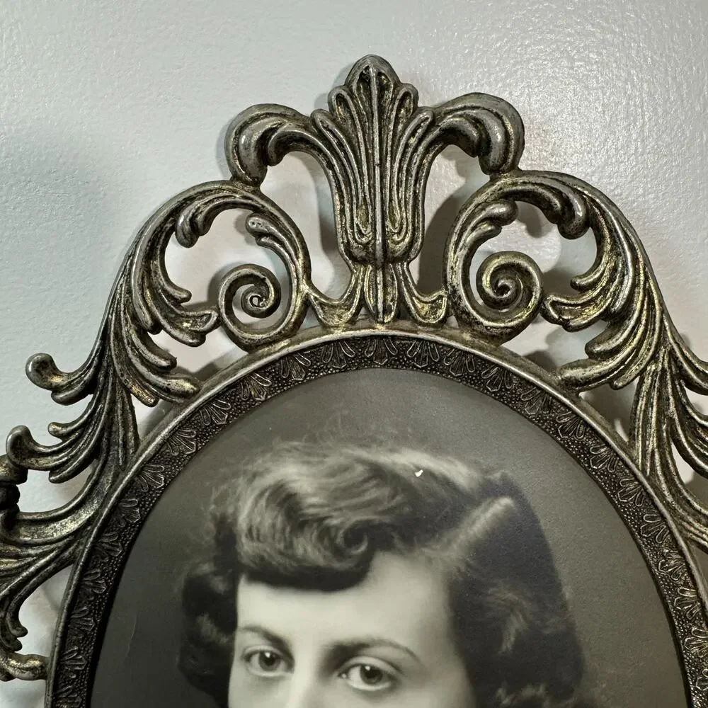 Vintage Art Nouveau Metal Picture Frame Floral Woman 7x9 inch B&W Photo